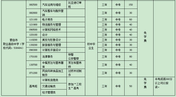 蒙自市职业高级中学招生专业