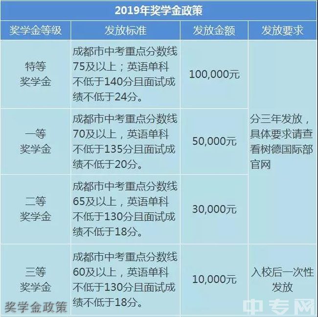 成都树德中学国际部(宁夏街校区)奖学金政策