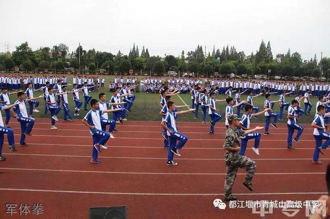 都江堰市青城山高级中学办学规模 现有52个高中教学班,200多名教职工,在校高中学生2000多人,全住读管理。 都江堰市青城山高级中学校园环境 学校占地148亩,面向岷江水,背靠青城山,左接都江古堰,右临快铁青城山站,依山傍水,乌语花香。军体拳